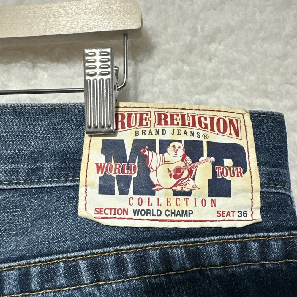 Vintage True Religion World Champ Blue Wash Straight Jeans Sz 36 Made In USA‎